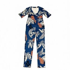 Blue Tropical Floral Wide Leg Jumpsuit V Neck Surplice Stretchy Retro Vacay Chic